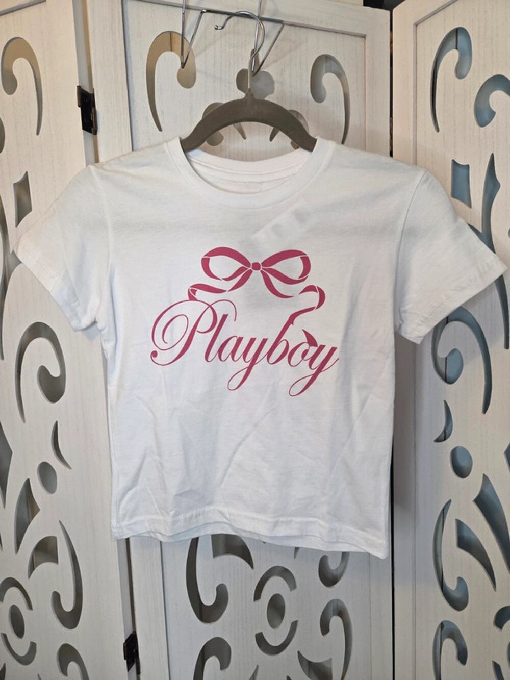 Playboy Graphic Tee XS White Pink Bow Logo Cotton Y2K Baby Tee NWT